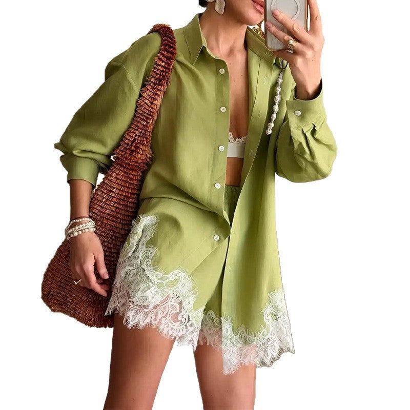 Women's Lace Trim Shirt and Shorts Matching Set