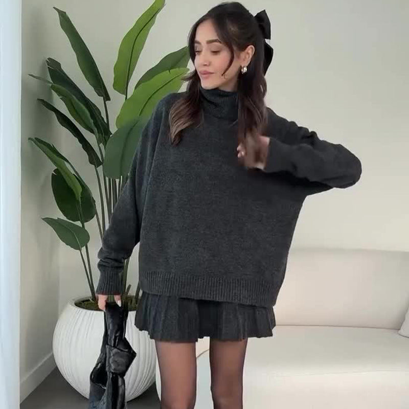Oversized Turtleneck Sweater Skirt Two Piece Set