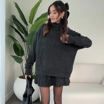 Oversized Turtleneck Sweater Skirt Two Piece Set
