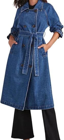 Womens Long Denim Trench Coat Oversized Vintage Jacket