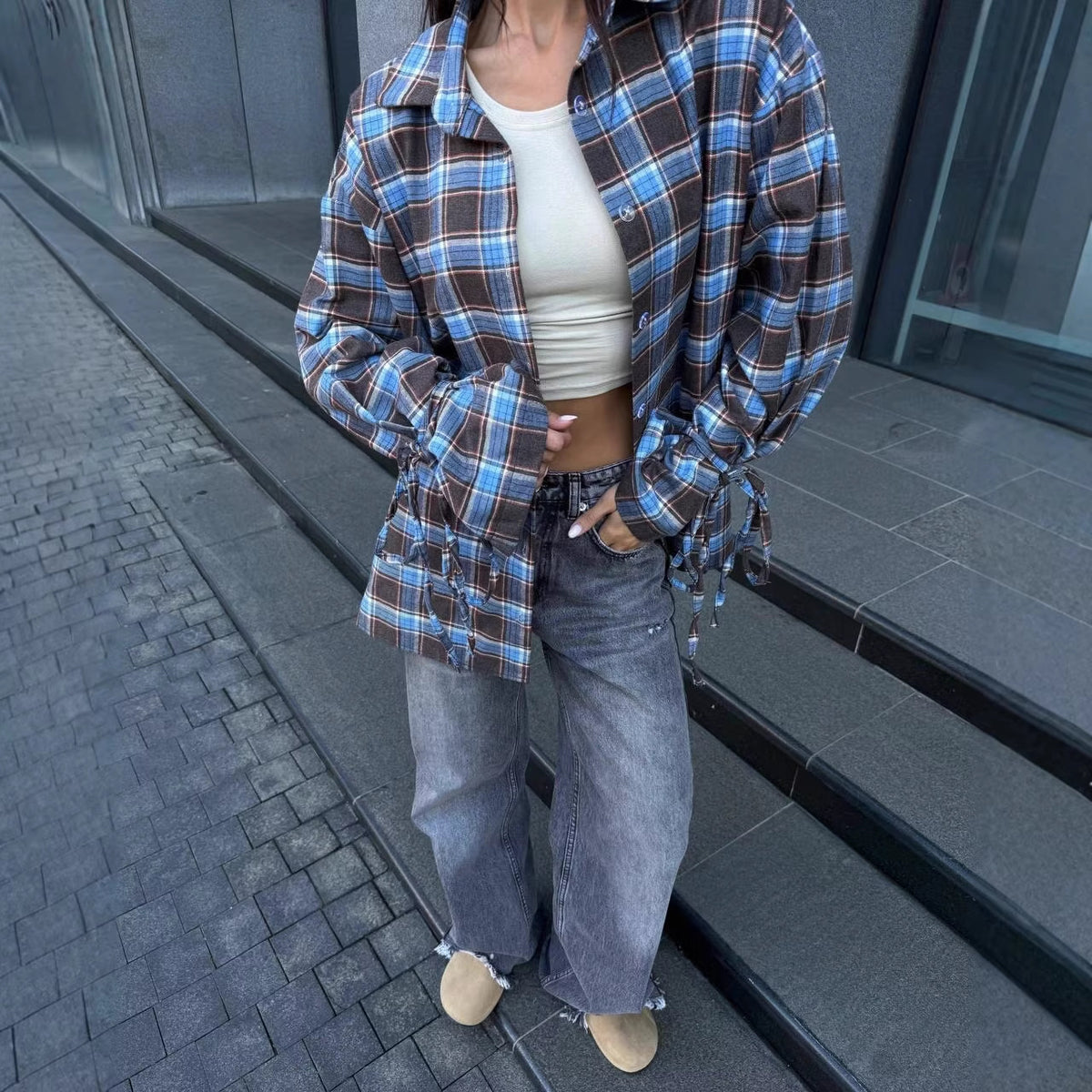 Oversized Plaid Tie Waist Long Sleeve Shirt Women