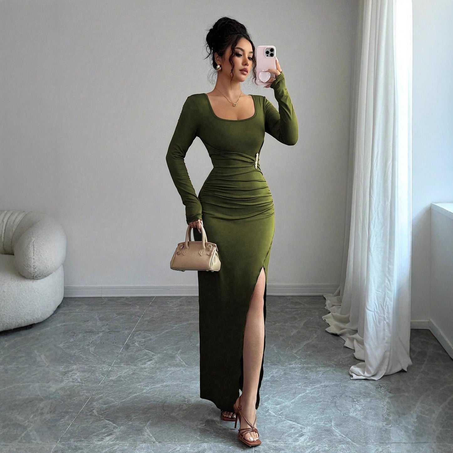 Square Neck Ruched Bodycon Maxi Dress with Side Slit