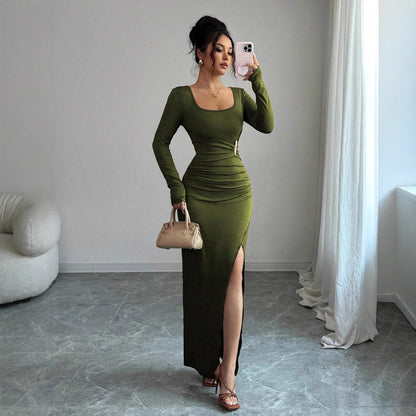 Square Neck Ruched Bodycon Maxi Dress with Side Slit