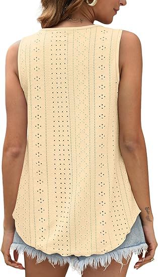 Eyelet Knit Tank Top Sleeveless Loose Fit Summer Top