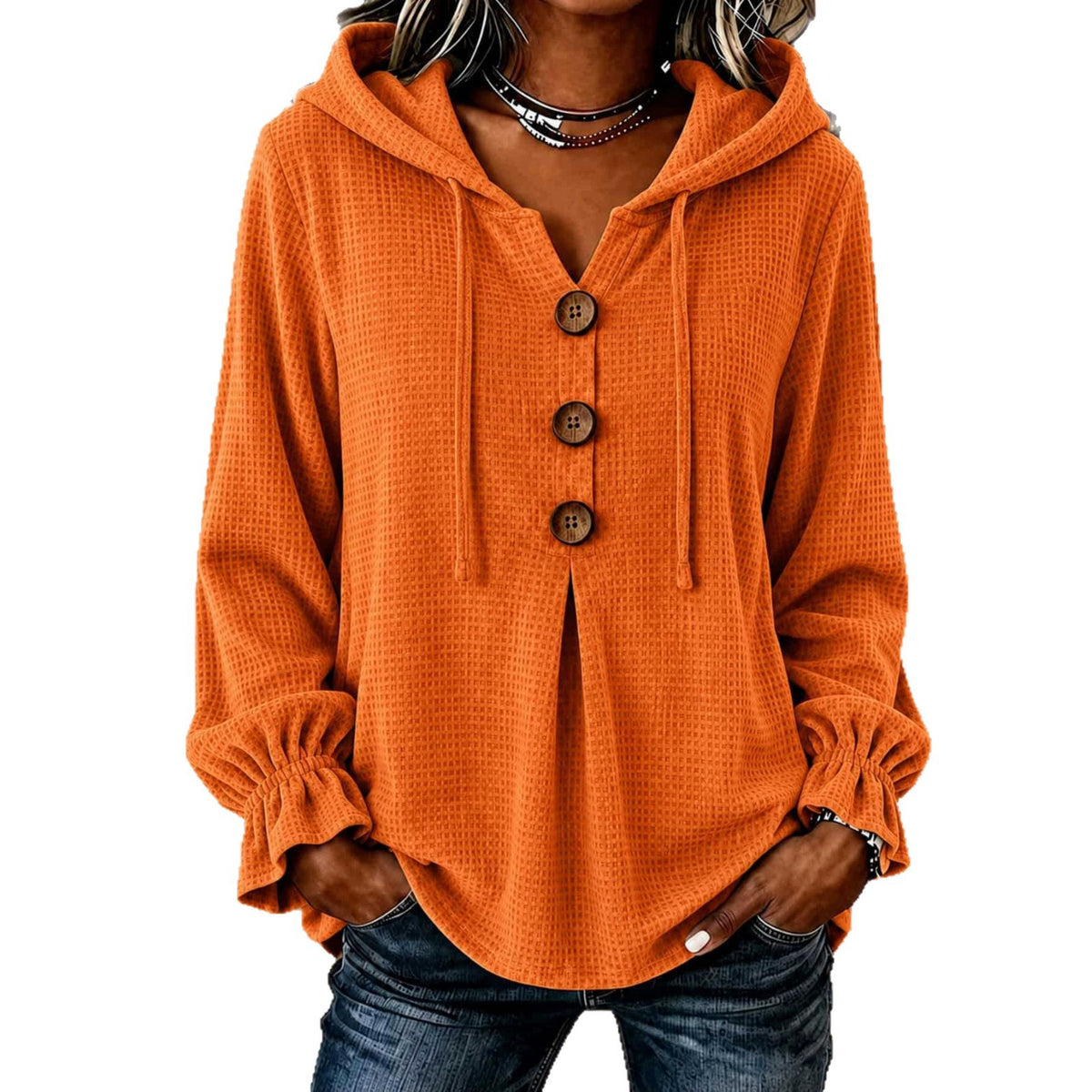 Waffle Knit Hooded Henley V Neck Long Sleeve Top