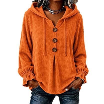 Waffle Knit Hooded Henley V Neck Long Sleeve Top