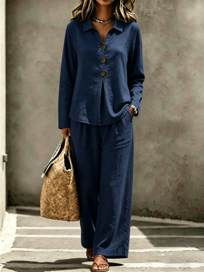 Womens Linen Button Shirt Wide Leg Pants Two Piece Set