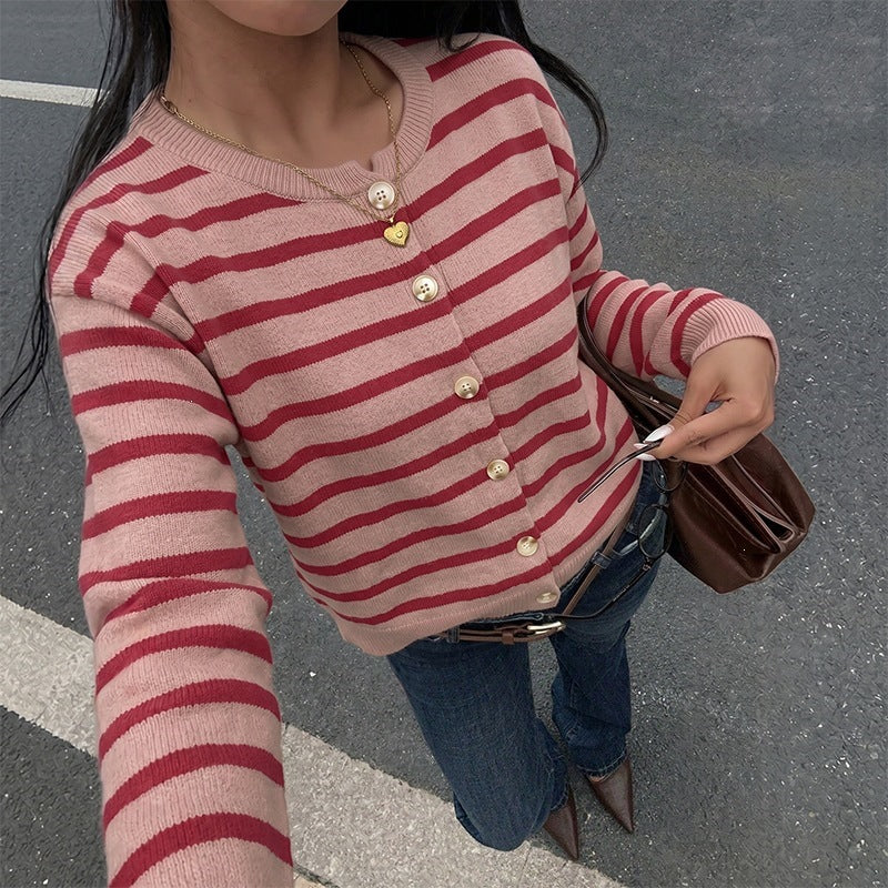 Striped Knit Cardigan Button Front Christmas Sweater