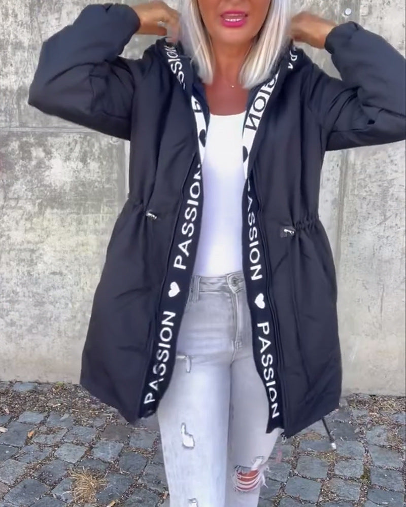 Women Hooded Long Puffer Jacket Letter Tape Drawstring Coat
