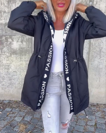 Women Hooded Long Puffer Jacket Letter Tape Drawstring Coat