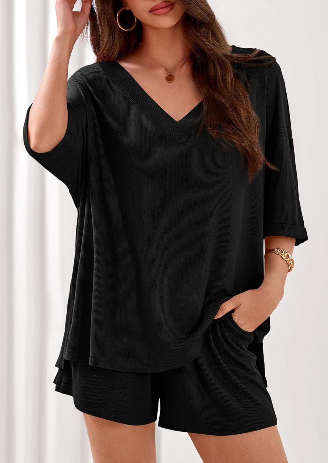 Ribbed V Neck Lounge Set Oversized Top Shorts Set