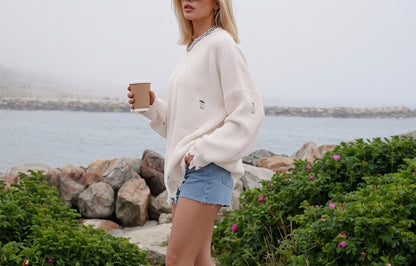 Women's Distressed Oversized Crewneck Sweater Long Sleeve