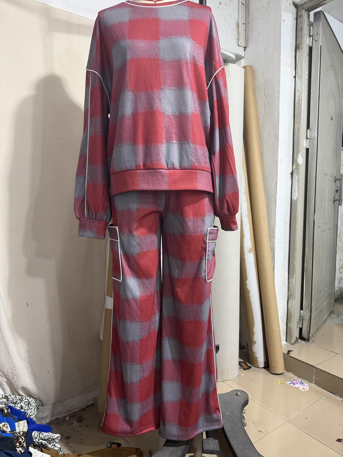 Women's Plaid Piping Oversized Sweatshirt & Pants Set