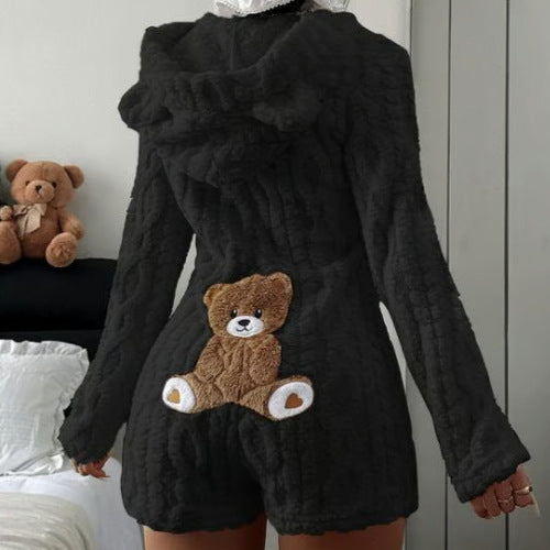 Women's Fuzzy Bear Hooded Romper Shorts Onesie
