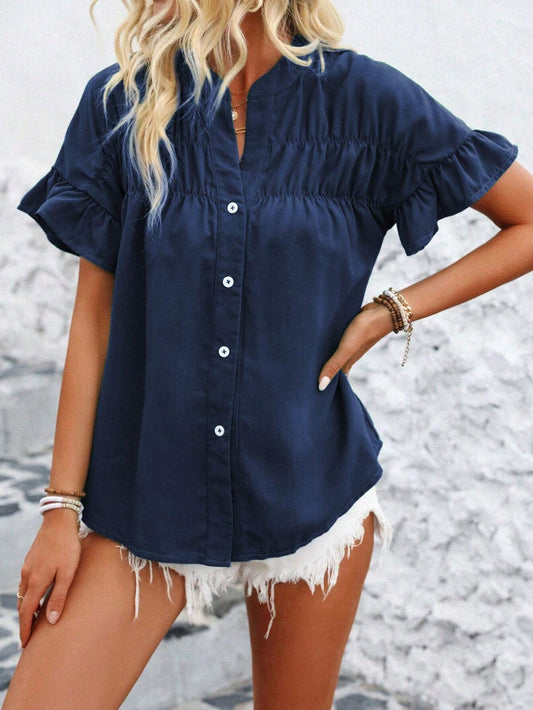 Cotton Linen Pleated Button Down Mandarin Collar Top