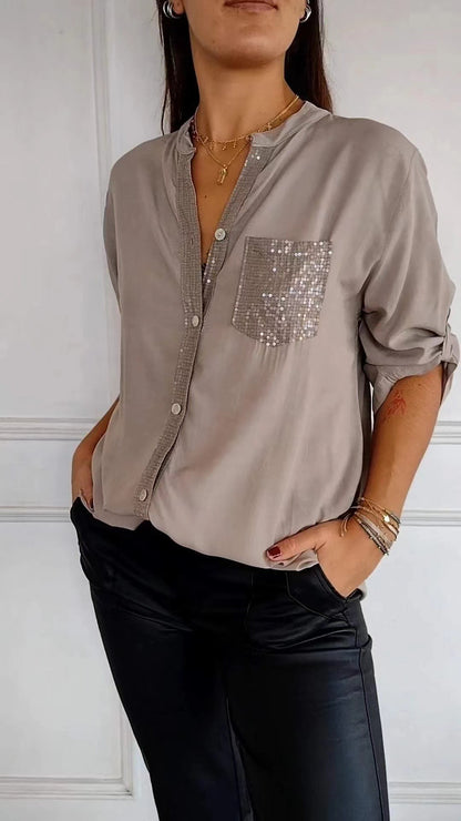 Women's Rhinestone 3/4 Sleeve Casual Button Down Blouse