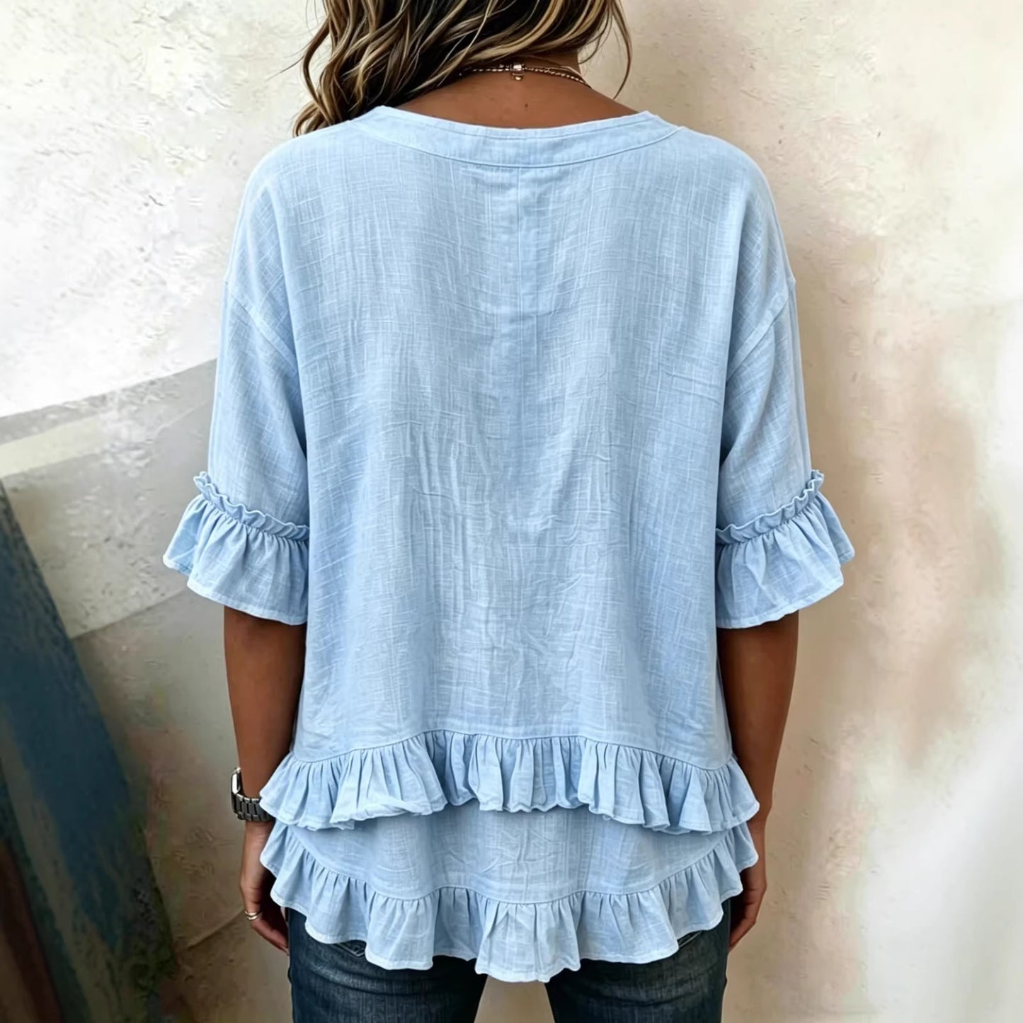 Ruffle V Neck Button Detail Tiered Hem Top