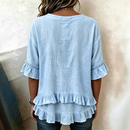 Ruffle V Neck Button Detail Tiered Hem Top