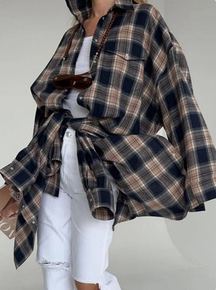 Women's Oversized Plaid Long Sleeve Button Down Shirt