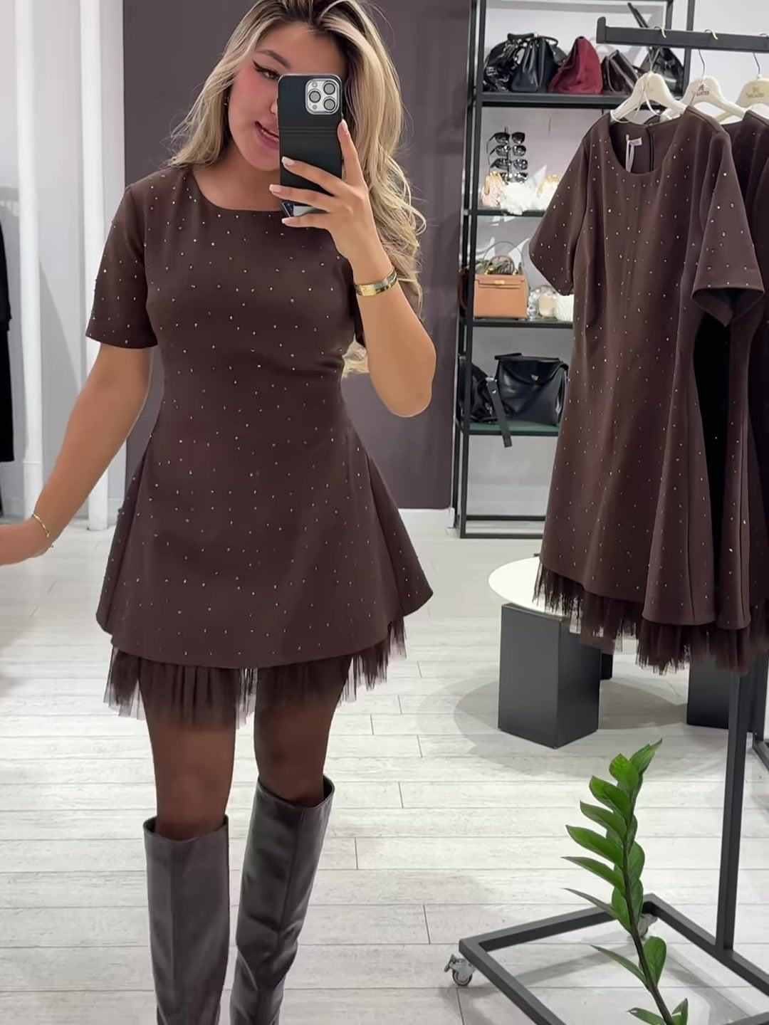 Rhinestone Lace Trim Short Sleeve A-Line Mini Dress