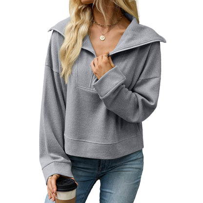 Women's Waffle Knit Half Zip Collared Oversized Sweatshirt