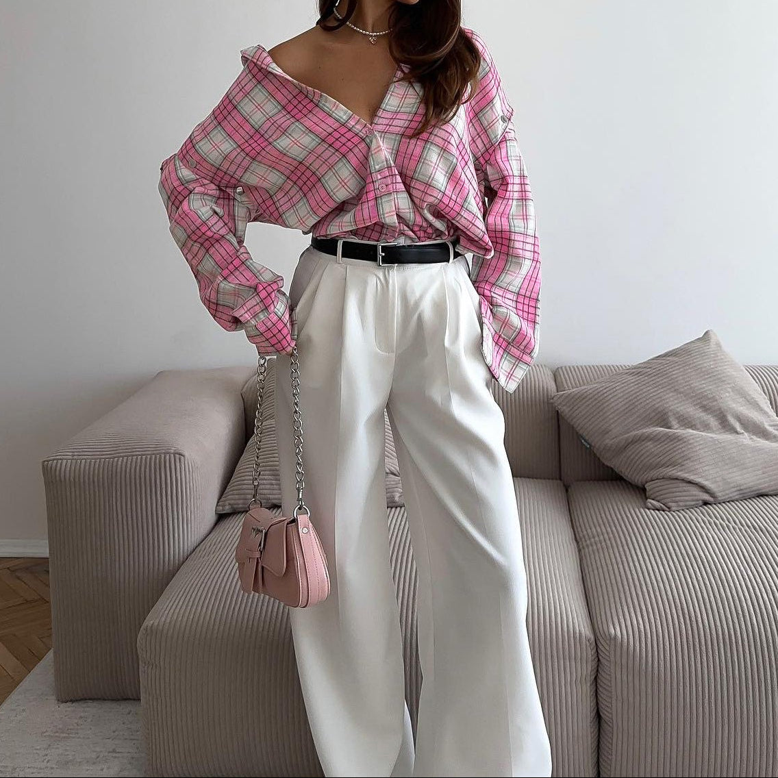 Women's Pink Plaid Oversized Shirt With Detachable Sleeves