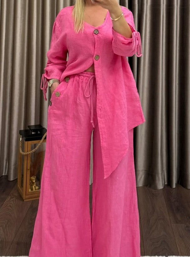 Women's Linen Two Piece Cardigan Wide Leg Pants Set