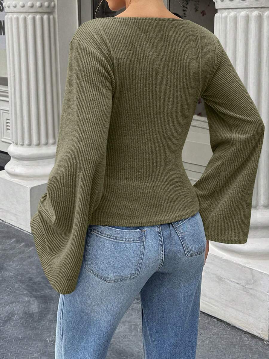 Ribbed Knit Bell Sleeve Fitted Long Sleeve Top