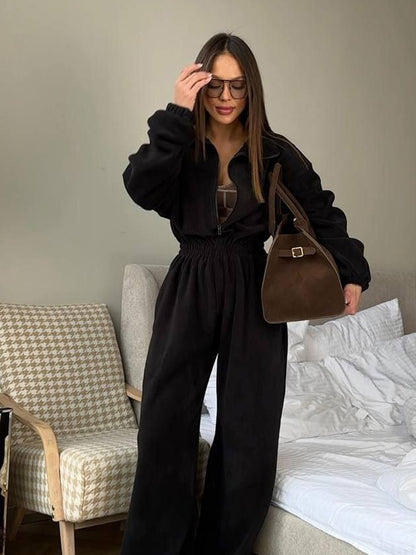 Zip Up Fleece Jumpsuit with Elastic Waist