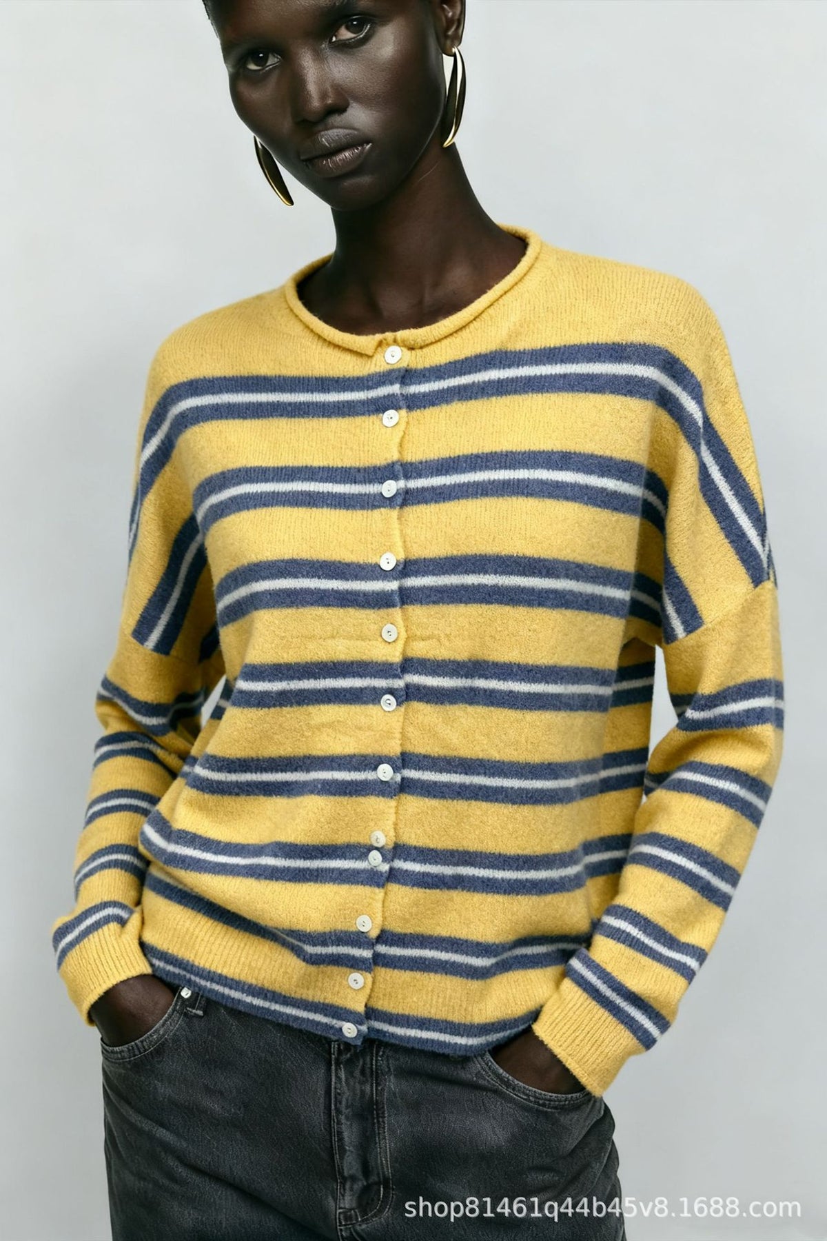 Women's Oversized Striped Button Front Knit Cardigan