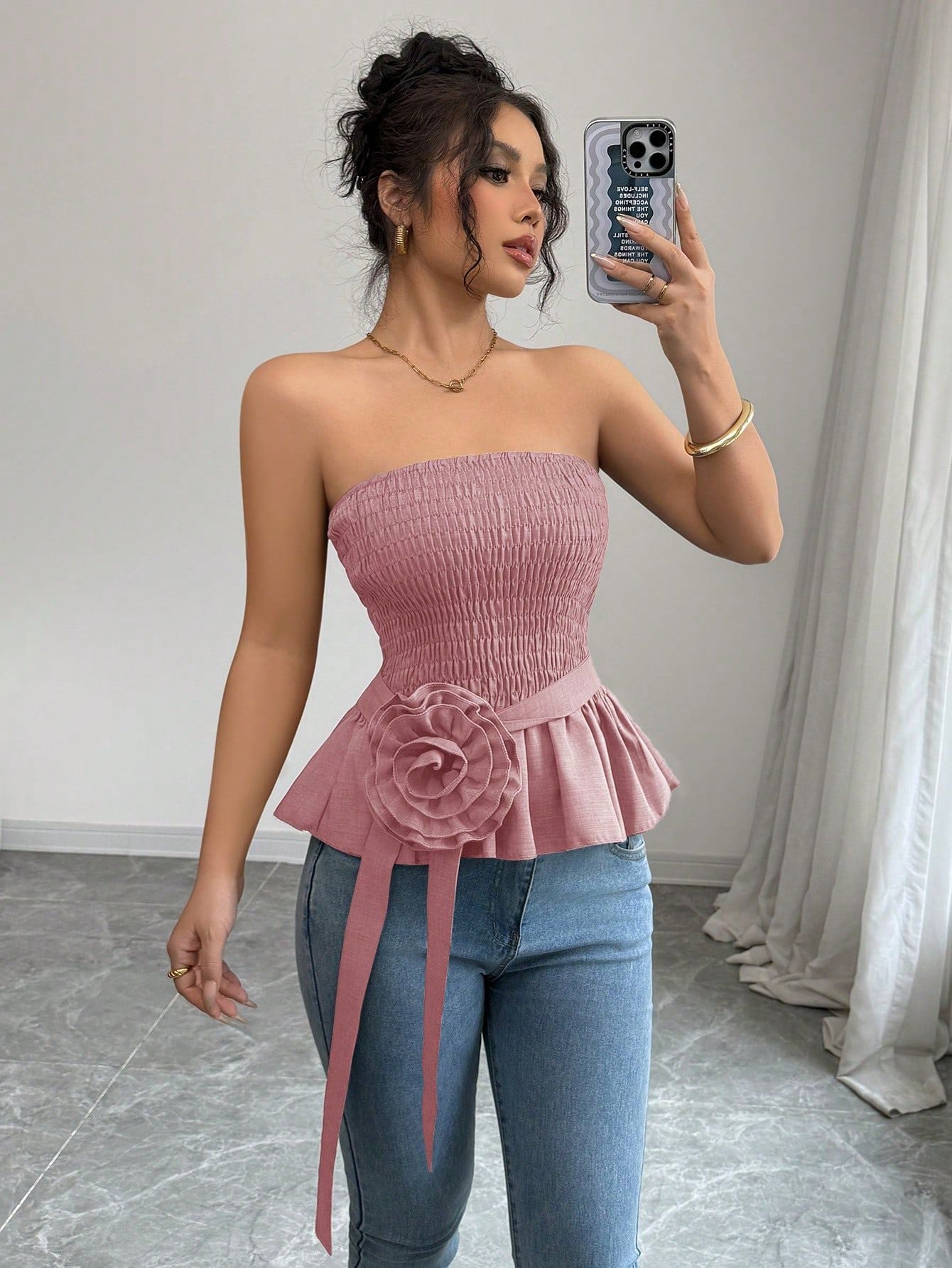 French Style Bandeau Top with Ruffle Hem and Rose