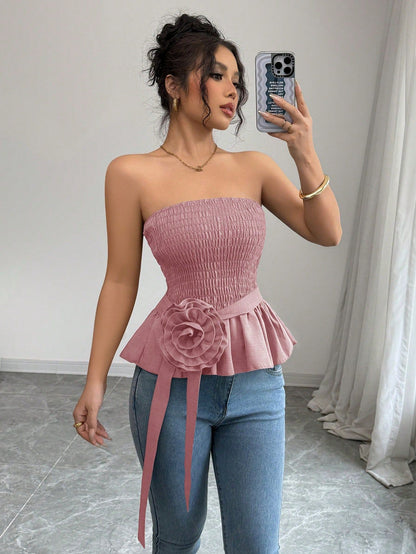 French Style Bandeau Top with Ruffle Hem and Rose