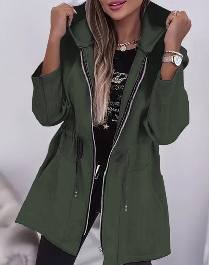 Women's Hooded Drawstring Waist Zip-Up Mid Length Jacket