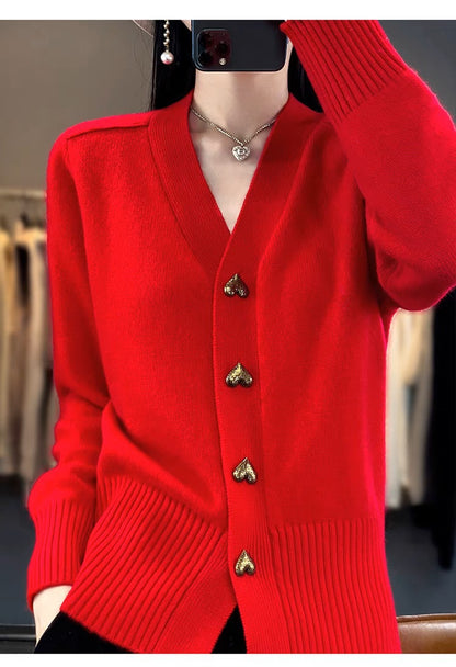 Women's Heart Button V-Neck Knit Cardigan Sweater