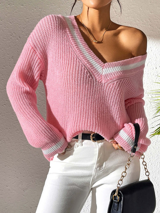 Preppy Colorblock V-Neck Loose Knit Sweater
