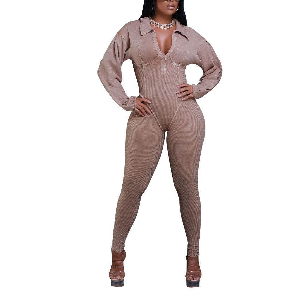 Sexy Ribbed Long Sleeve Zip Up Bodycon Jumpsuit