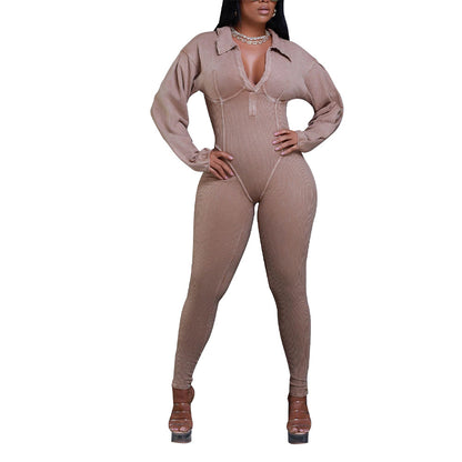 Sexy Ribbed Long Sleeve Zip Up Bodycon Jumpsuit