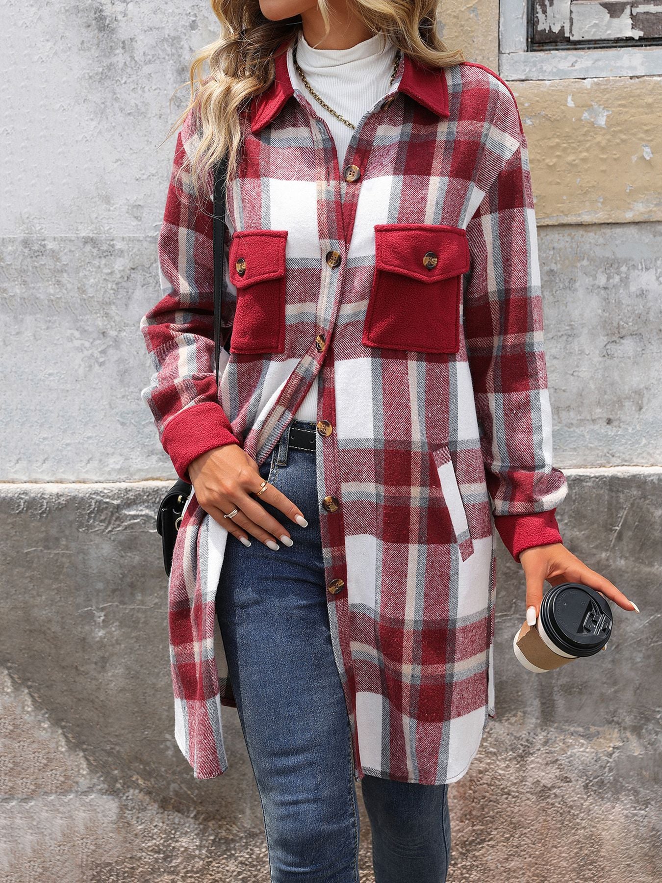 Plaid Shirt Jacket for Women - Long Button Front Coat