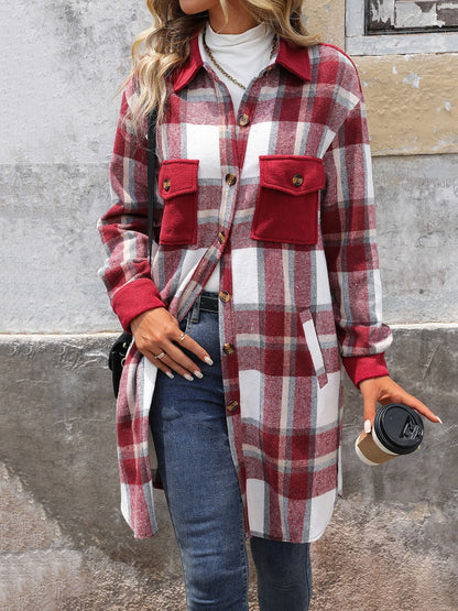 Plaid Shirt Jacket for Women - Long Button Front Coat