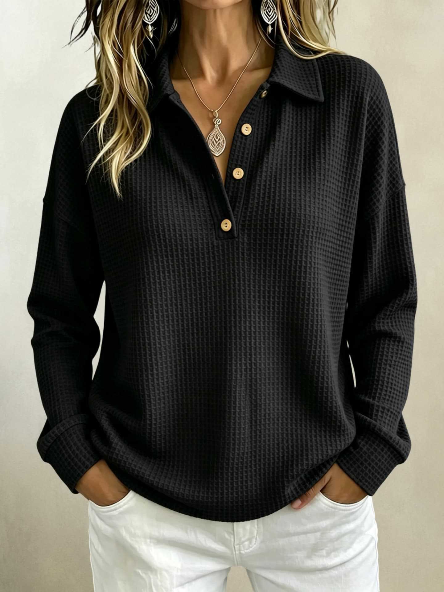 Women's Waffle Knit Polo Shirt Long Sleeve Button Top