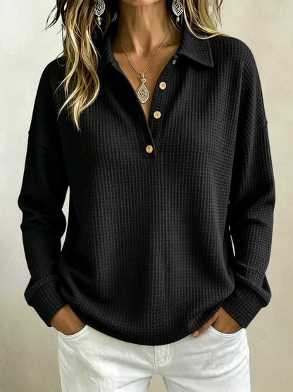 Women's Waffle Knit Polo Shirt Long Sleeve Button Top