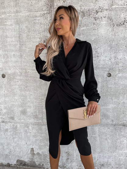 Women's Long Sleeve V Neck Wrap Midi Shirt Dress
