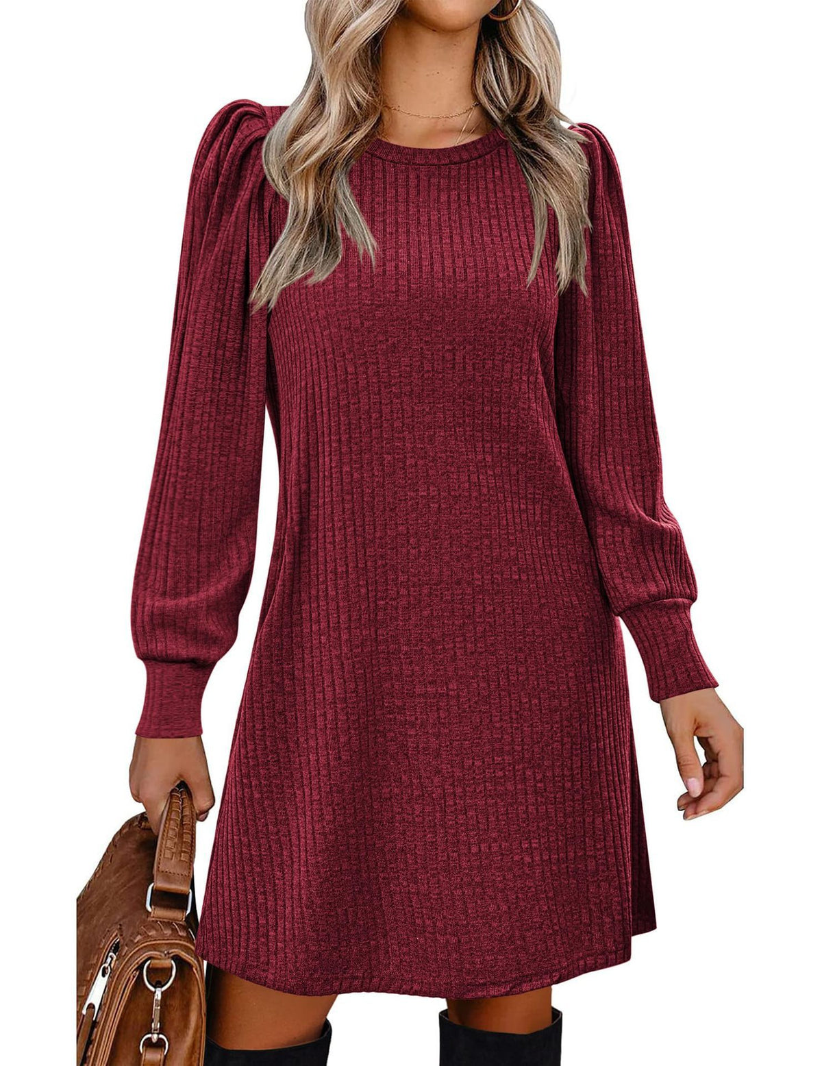 Women's Puff Sleeve Ribbed Knit Sweater Dress with Pockets