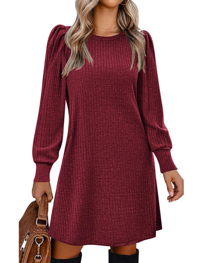 Women's Puff Sleeve Ribbed Knit Sweater Dress with Pockets