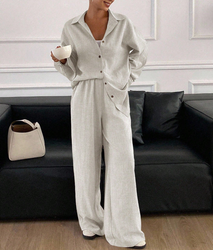 Linen Blend Button Down Shirt Wide Leg Pants Matching Set