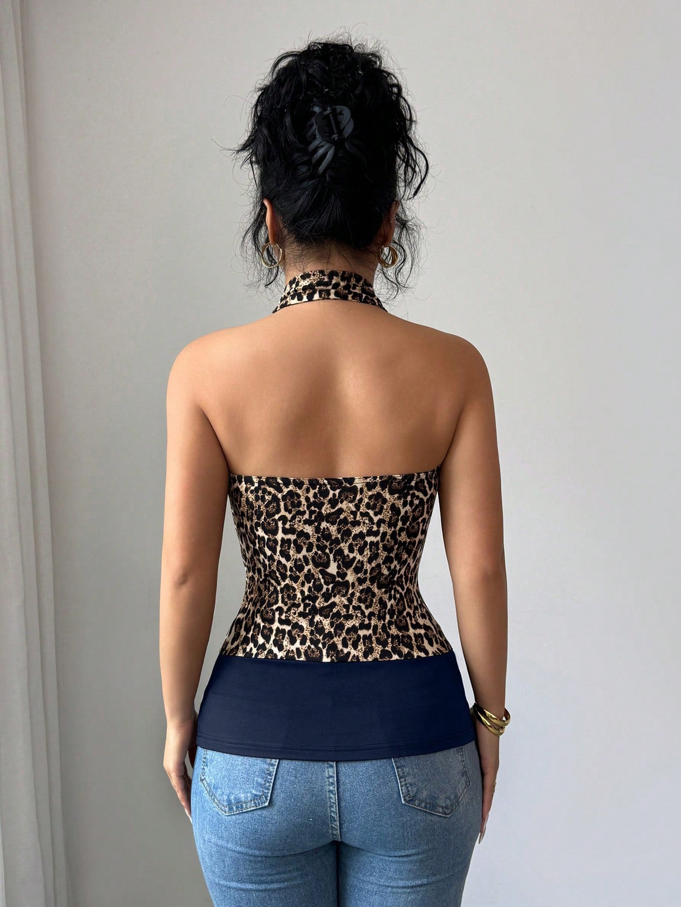 Leopard Print Halter Cowl Neck Backless Tank Top