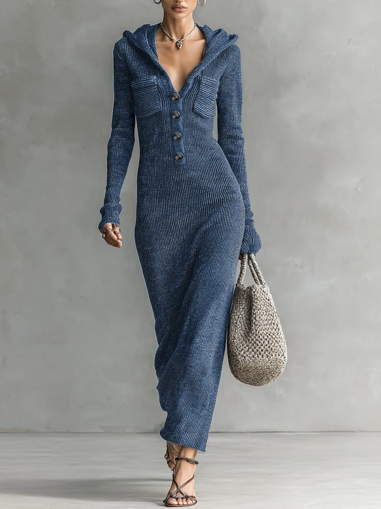 Hooded V Neck Button Front Ribbed Knit Maxi Dress