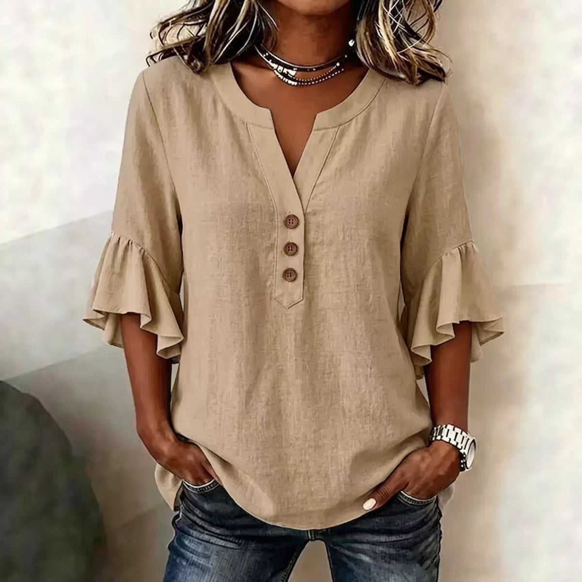 Cotton Linen Blouse V Neck Ruffle Sleeve Women's Top