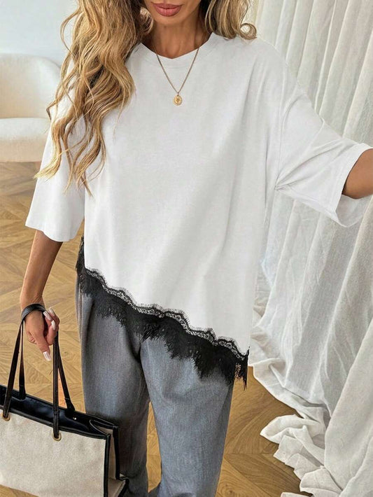 Lace Trim T Shirt Loose Fit Short Sleeve Top