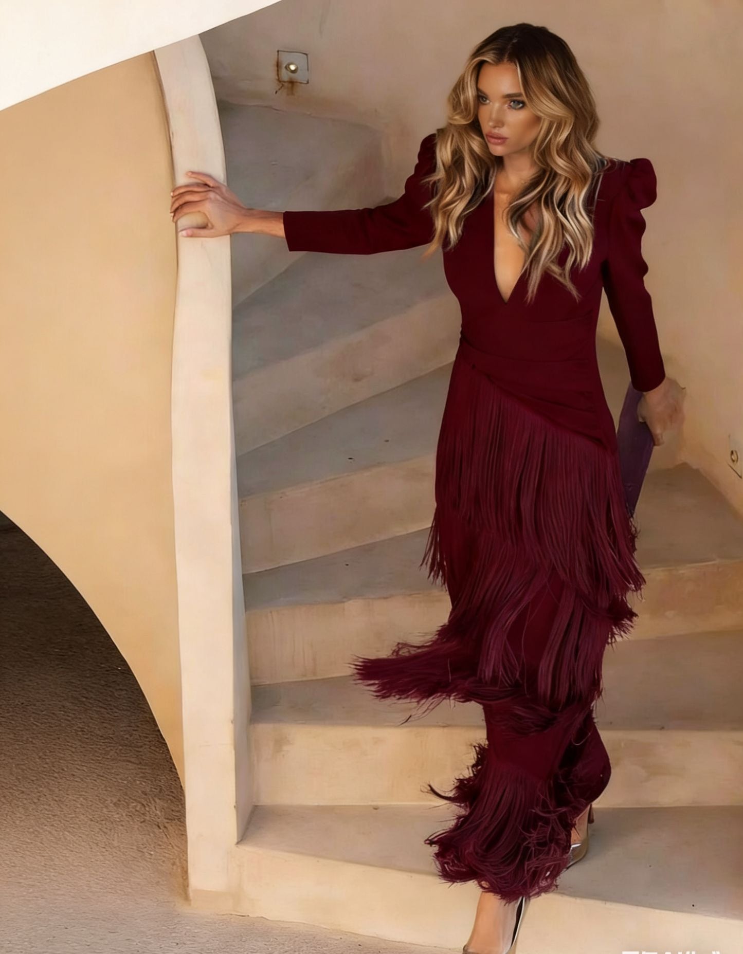 Fringe Maxi Dress Deep V Neck Long Sleeve Bodycon Party